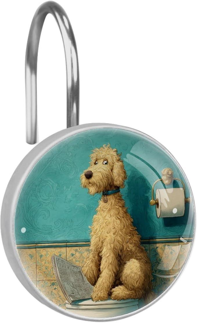 Dog on The Toilet Shower Curtain Hooks 12Pcs, Decorative Rust Resistant Shower Rings for Shower Curtain Rods, Stainless Steel Round Curtain Hooks for Bathroom, Bedroom, Farmhouse - ModernBath