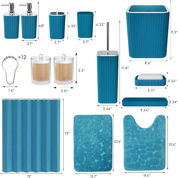 XLHOMO Bathroom Set with Shower Curtain and Rugs- 25PC Teal Bathroom Set, Bathroom Accessories Set, Shower Curtain Set, Trash Can, Qtip Holder Dispenser & Soap Dispenser - ModernBath