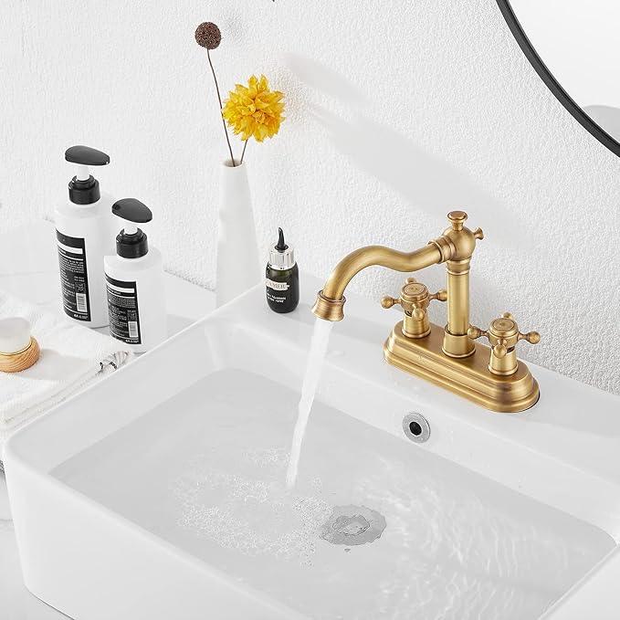 Bathroom Faucet Antique Brass GGStudy 2 Handles 4 Inches Centerset Bathroom Vanity with Drain Assembly and Supply Hose Lavatory Faucet Mixer Double Handle Tap - ModernBath