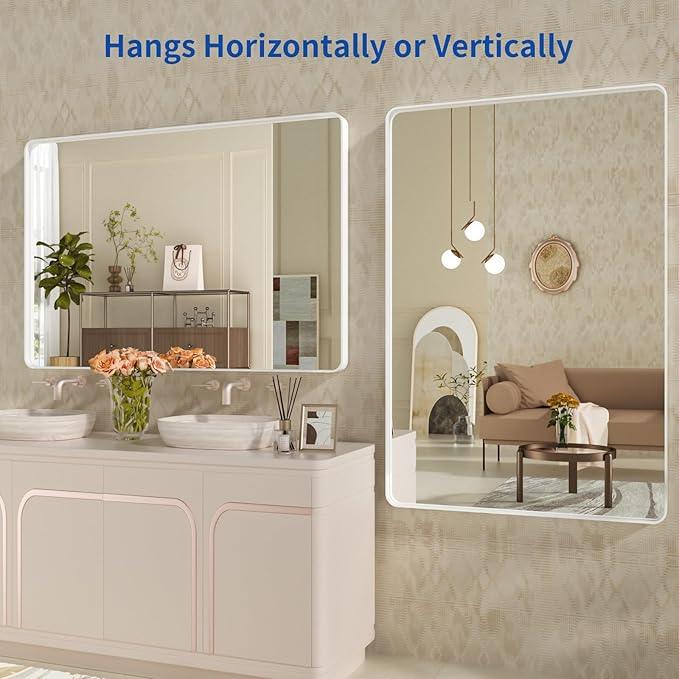 WEER White Bathroom Mirror 48X30 Inch, Rounded Rectangle White Metal Frame Mirror, Matte White Bathroom Vanity Mirror with Tempered Glass, Anti-Rust, Hangs Horizontally or Vertically - ModernBath
