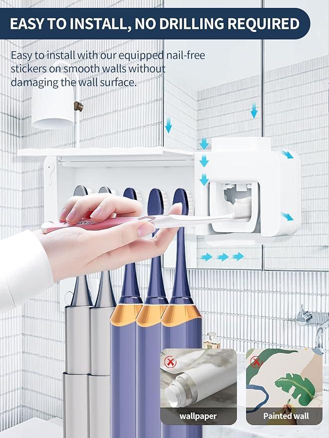 Toothbrush Holders for Bathrooms White Tooth Brush Holder with Toothpaste Dispenser Toothbrush Holder Wall Mounted 5 Toothbrush Slots Storage, Timing, AA Batteries Required - ModernBath