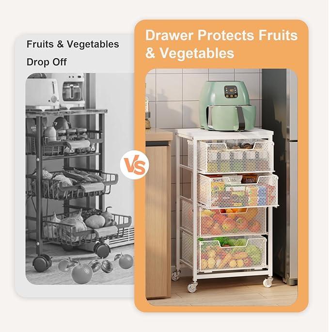 4-Tier Kitchen Storage Cart - Fruit Vegetable Storage Cart with Drawers, Wooden Top Metal Wire Kitchen Organizer and Storage Cart with Wheels to Storage Onions Potatoes Cans Snacks for Kitchen - ModernBath