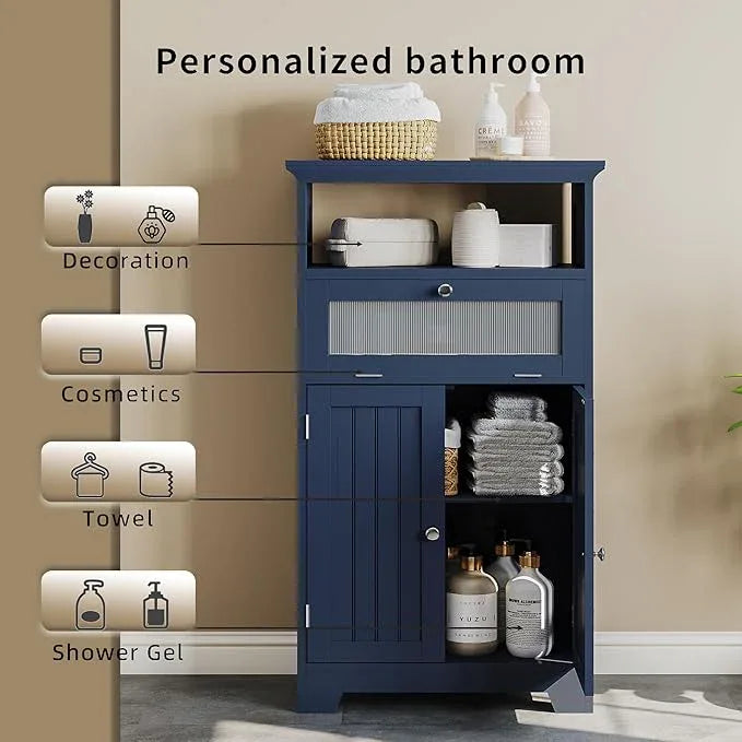 ChooChoo Bathroom Floor Storage Cabinet with Flip Glass Drawer, Freestanding with 2 Doors, Adjustable Shelf & 1 Open Storage for Living Room, Hallway, Navy Blue - ModernBath