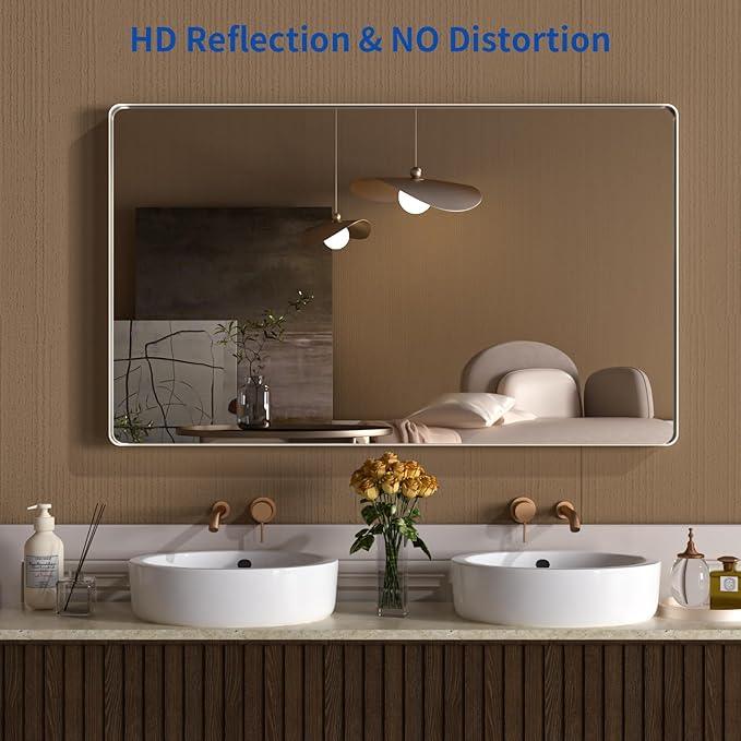 WEER 60X36 Inch Brushed Nickel Bathroom Mirror, Brushed Silver Metal Frame Mirror, Rounded Rectangle Silver Bathroom Vanity Mirror, Tempered Glass, Anti-Rust, Hangs Horizontally or Vertically - ModernBath