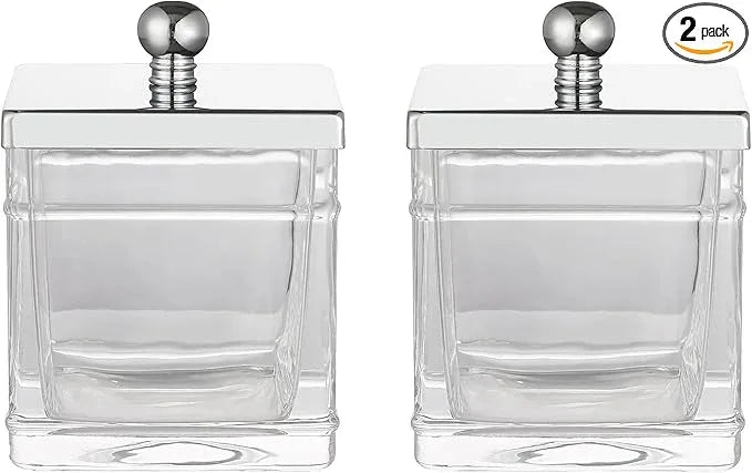Indecor Home Glass Cotton Jar Holder 2 Pack– Silver/Chrome Lid, Elegant Bathroom Storage Canister for Qtips, Cotton Balls, Floss, Makeup Organizer, Vanity & Bathroom Organization - ModernBath
