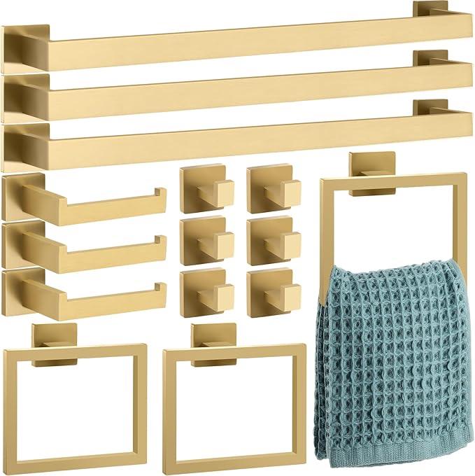 Gisafai 15 Pcs Gold Bathroom Hardware Accessories Set 23.6 Inch Bath Towel Bar Kit Stainless Steel Bathroom Hardware Set Towel Racks Ring Robe Hooks Paper Holder for Wall Mounted - ModernBath