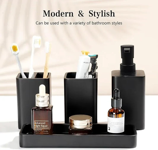 YMXYJM Bathroom Accessories Set, 4 Pcs Bathroom Accessory Set, Soap Dispenser, Toothbrush Holder, Qtip Holder Set, Bathroom Sets Complete, Bathroom Sink Set for Modern Home,Matte Black - ModernBath
