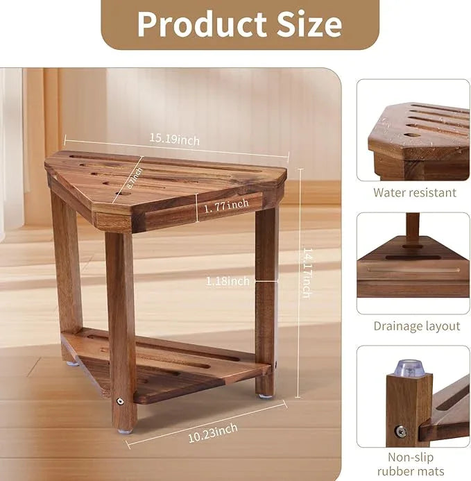 Boulphia Shower Foot Rest 14in, Acacia Wood Shower Stool for Shaving Legs, Waterproof Corner Shower Stool with Storage Shelf for Inside Small Shower Spaces, Wood Color - ModernBath