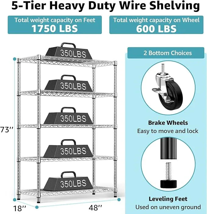 5-Shelf Storage Shelves,Wire Shelving Heavy Duty Metal Storage Shelving Unit Adjustable Garage Shelving Rack Pantry Kitchen (Chrome, 5 Tier,17.7" D x 47.2" W x 76.7" H) - ModernBath