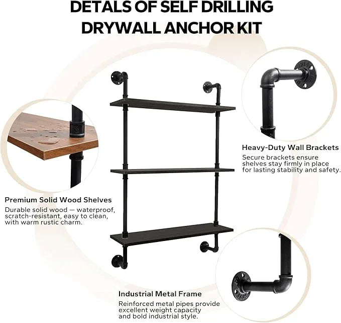 3-Tier Industrial Pipe Floating Shelf – Rustic 60 inch Wood Wall-Mounted Storage Shelf for Kitchen Office,Bathroom & Home Decor -Black - ModernBath