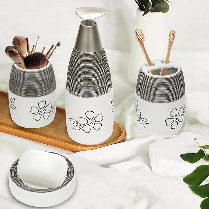 CERBIOR Bathroom Accessories Set,4 Pcs Ceramic Bathroom Decor Accessory,Includes Toothbrush Holder, Toothbrush Cup, Soap Dish for Decorative Countertop and Housewarming Gift, (White Flower) - ModernBath