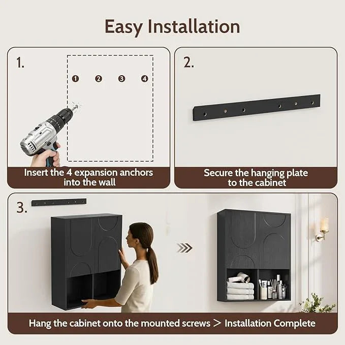 Bathroom Wall Cabinet, 24x30 Inch Small Over The Toilet Storage Cabinet, Black Space Saver Hanging Wall Mounted Medicine Cabinet Organizer with 2 Doors, Open Adjustable Shelf for Laundry Room Kitchen - ModernBath