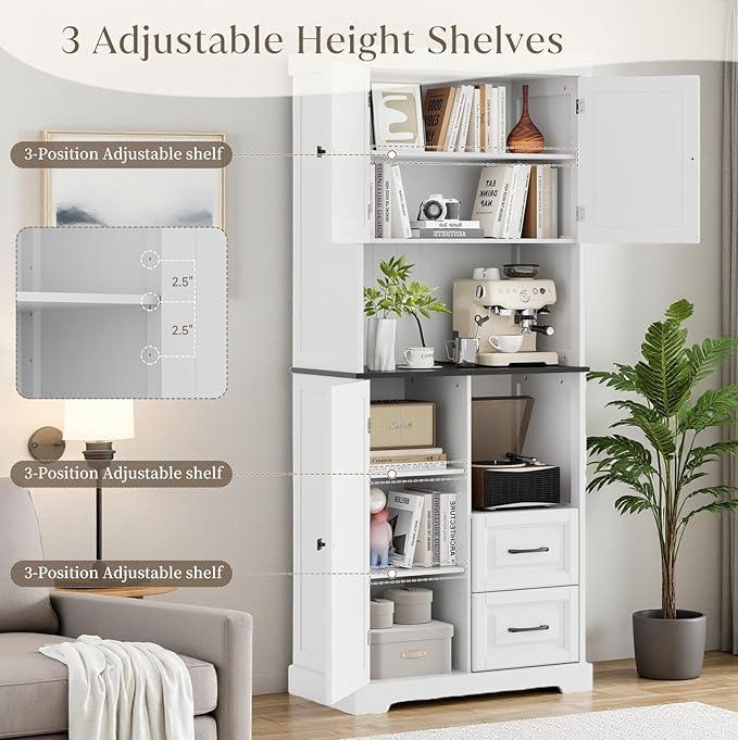 71" Tall Kitchen Pantry Cabinet, White Wooden Storage Cabinet with Drawers & Wire Hole & Adjustable Shelves & Anti-Tip Device, Multipurpose Pantry Cabinets for Kitchen Bathroom Living Room - ModernBath