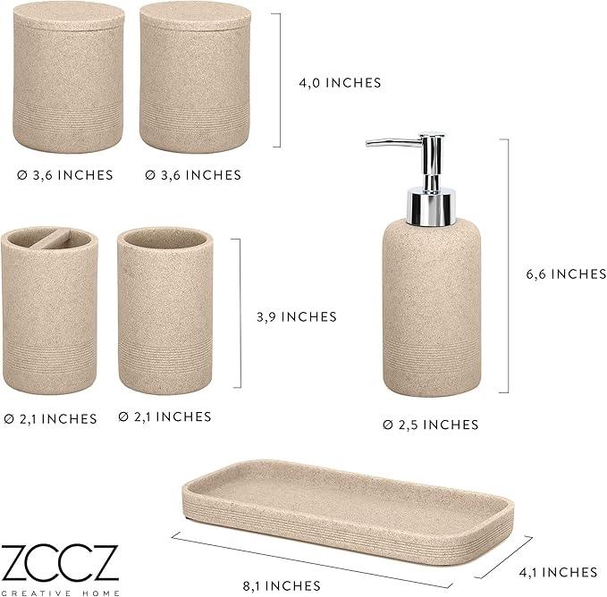 ZCCZ Beige Bathroom Accessories Set 6 Pieces - Toothbrush Holder, Lotion Dispenser, Qtip Container, Vanity Tray, Tumbler - Countertop Organizer for Bathrooms - Elegant and Functional Décor Set - ModernBath