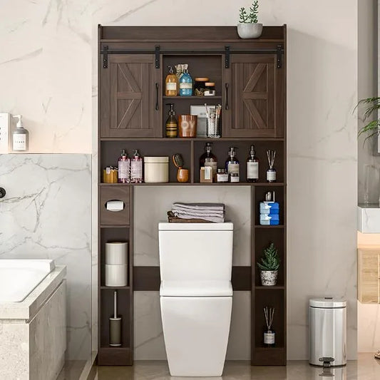 Farmhouse Storage Cabinet Over Toilet with Sliding Doors，Over The Toilet Storage Cabinet, Home Space-Saving Toilet Rack, for Bathroom, Restroom, Laundry.Espresso - ModernBath