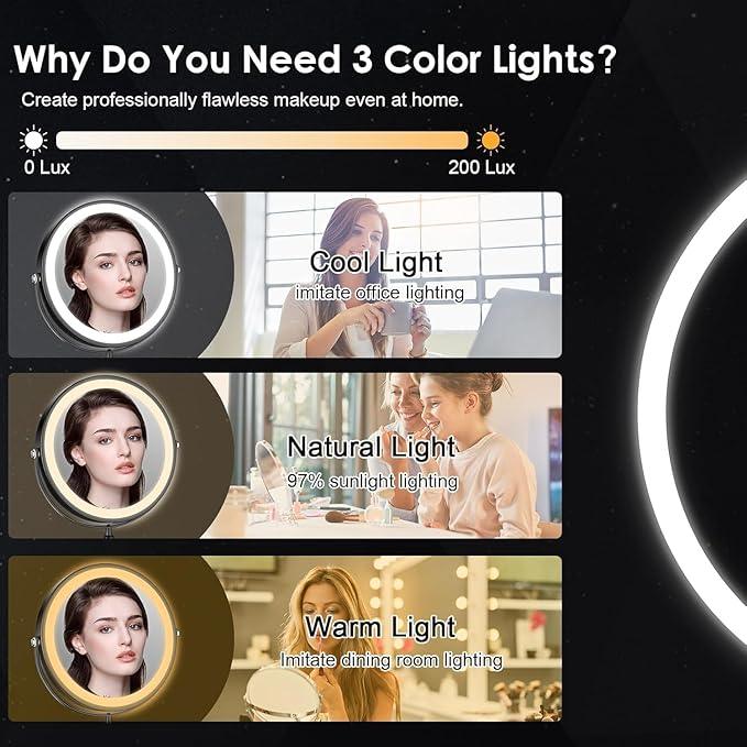 Lighted Makeup Mirror, 3000 mAh Rechargeable Double Sided Magnifying Vanity Mirror with 3 Colors, 1x/10x, 360° Rotation , Brightness Adjustable Magnification Cosmetic Light up Mirror, Women Gift - ModernBath