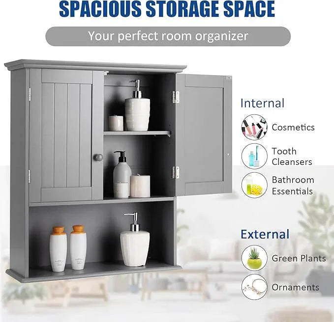 COSTWAY Wall Mounted Bathroom Cabinet, Over The Toilet Storage Cabinet w/Double Doors & Adjustable Shelf, Wood Hanging Medicine Cabinet for Living Room, Entryway, Kitchen (Gray) - ModernBath