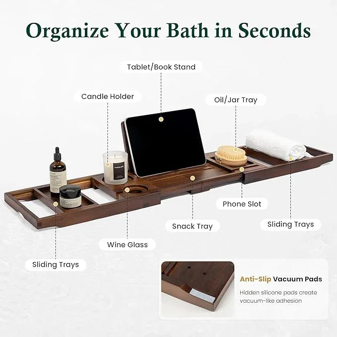 Realgulf Teak Bathtub Tray, Bath Caddy with Wine Glass Holder, Phone Dock & Book Stand | Hands-Free Reading & Ultimate Spa Relaxation Experience-Brown - ModernBath