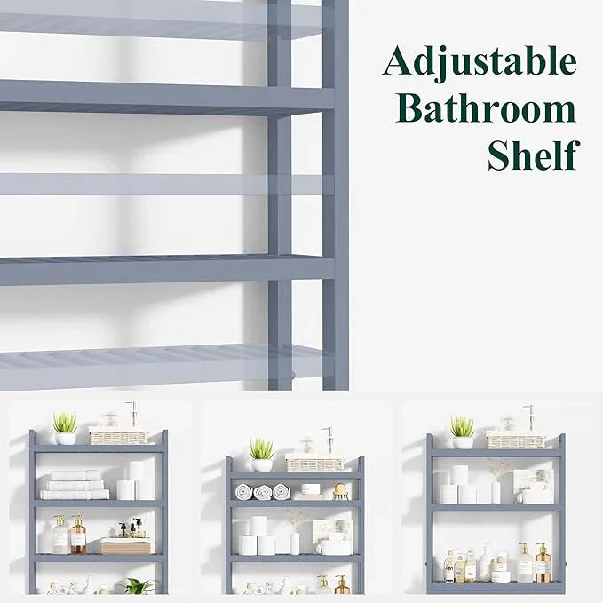 Smiry Over The Toilet Storage Cabinet, 4-Tier Bamboo Bathroom Organizers with Adjustable Shelf & 4 Hooks, Space Saving Shelf Rack for Bathrooms, Laundry Room, Balcony, Grey - ModernBath