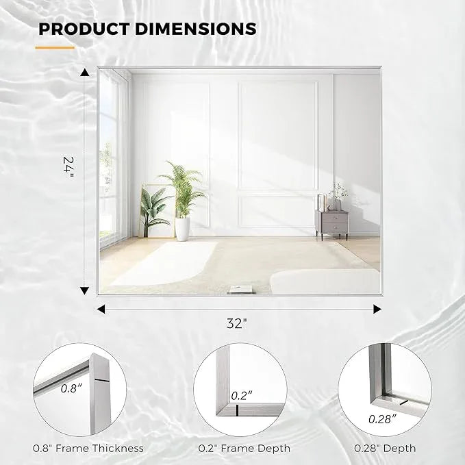 Bonverre 24x32 Inch Nickel Bathroom Mirror for Wall, Aluminum Frame Rectangle Rectangular Vanity Mirror, Modern Large for Bedroom, Living Room, Horizontal or Vertical - ModernBath