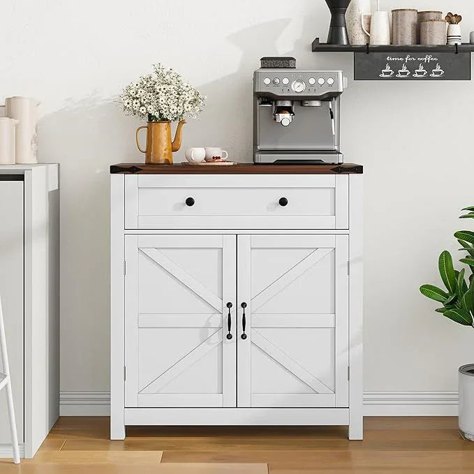 Farmhouse Storage Cabinet with 2 Doors, White Kitchen Cabinet with Walnut Countertop, Freestanding Floor Storage Cabinets Hutch Cupboard - ModernBath