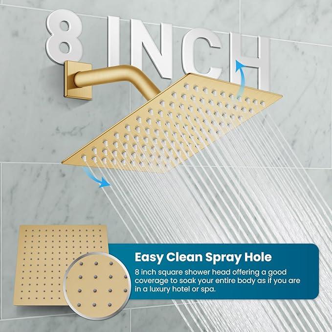 gotonovo Rainfall Bathroom Shower System Rain Shower Head and Handle Set Wall Mounted Shower Complete Combo Solid Brass Pressure Balancing Shower Mixer Valve 8 Inch Brushed Gold - ModernBath