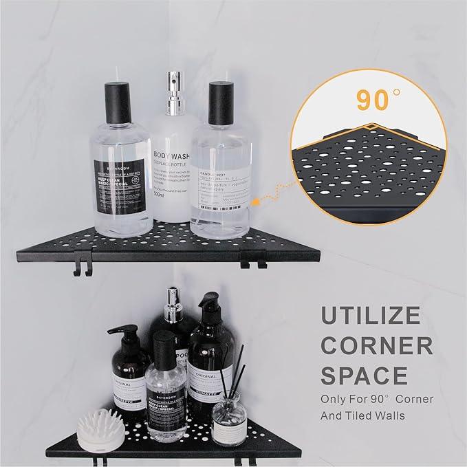 Corner Shower Shelf with 4 Hooks,10 Inch 304 Stainless Steel Recessed Bathroom Shelves,No-Drilling Installation for Tiled Wall,Matte Black, 2-Pack - ModernBath