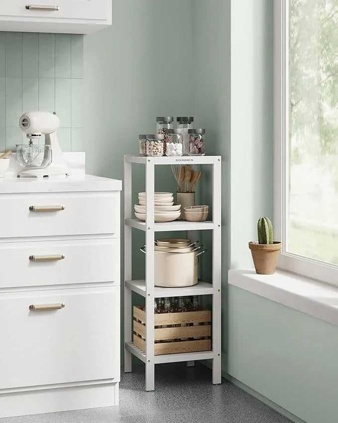 SONGMICS Bamboo Storage Shelf, 4-Tier Shelving Unit, Multifunctional, in The Entryway, Bathroom, Living Room, Balcony, Kitchen, 13 x 13 x 38.6 Inches, Cloud White UBCB054W01 - ModernBath