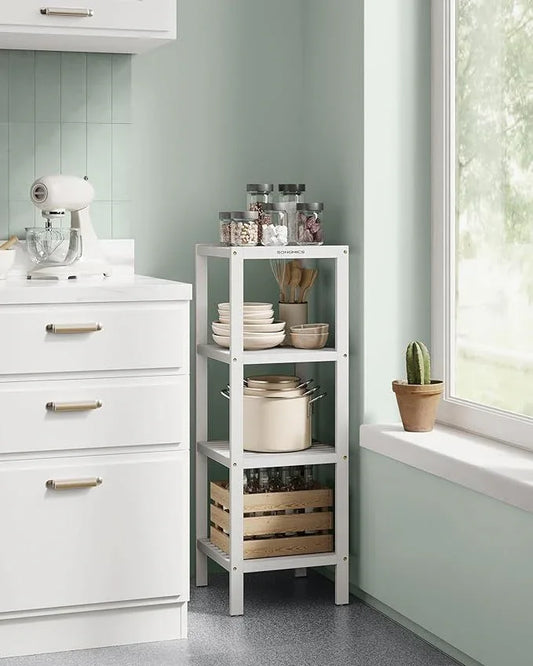 SONGMICS Bamboo Storage Shelf, 4-Tier Shelving Unit, Multifunctional, in The Entryway, Bathroom, Living Room, Balcony, Kitchen, 13 x 13 x 38.6 Inches, Cloud White UBCB054W01 - ModernBath