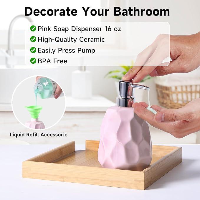 Ceramic Bathroom Accessories Set 4 PCS,Bathroom Toothbrush Holder Set,Soap and Toothbrush Holder Set,Include Toothbrush Holder,Soap Dispenser,Tumbler,Soap Dish,Bathroom Sets Decor Organizer (Pink) - ModernBath