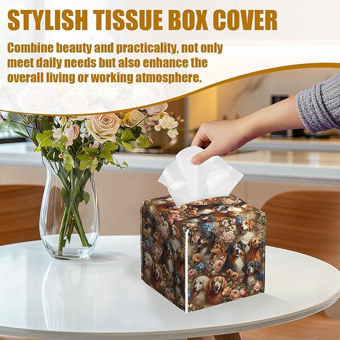 Dog Flower Tissue Box Cover 2PCS, Leather Tissue Box Holder Square Facial Paper Case Tissue Box Cube Organizer for Bathroom Bedroom Desk Office - ModernBath