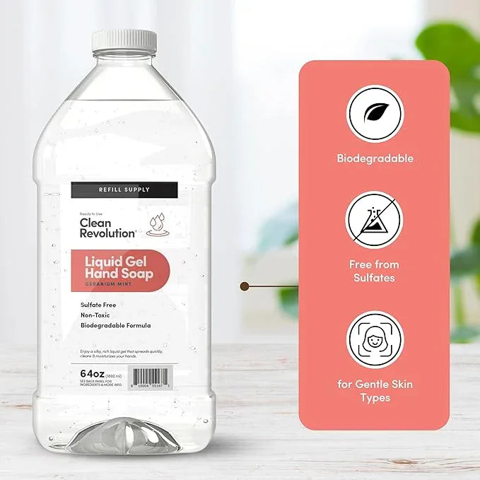 Clean Revolution Liquid Gel Hand Soap, Silky Rich Liquid, Quick Lather, Fast Rinsing, Contains Real Essential Oils (Geranium Mint) 64 Fl Oz - ModernBath
