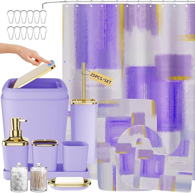 XLHOMO Bathroom Accessories Set - 25PC Bathroom Set with Shower Curtain and Rugs, Purple Bathroom Set, Bathroom Accessory Set with Press-on Lid Trash Can, Soap Dispenser and Qtip Holders - ModernBath