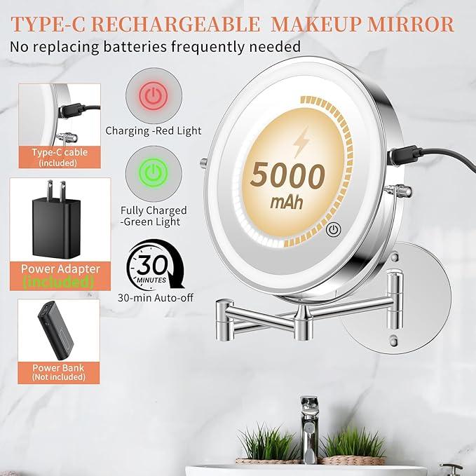 FUNTOUCH 9" 30X/1X Wall Mounted Lighted Makeup Mirror, 5000mAh Rechargeable Double Sided Magnifying Bathroom Mirror, 3 Color Modes Touch Dimmable Extended Arm 360 Rotation with Adapter,Chrome - ModernBath