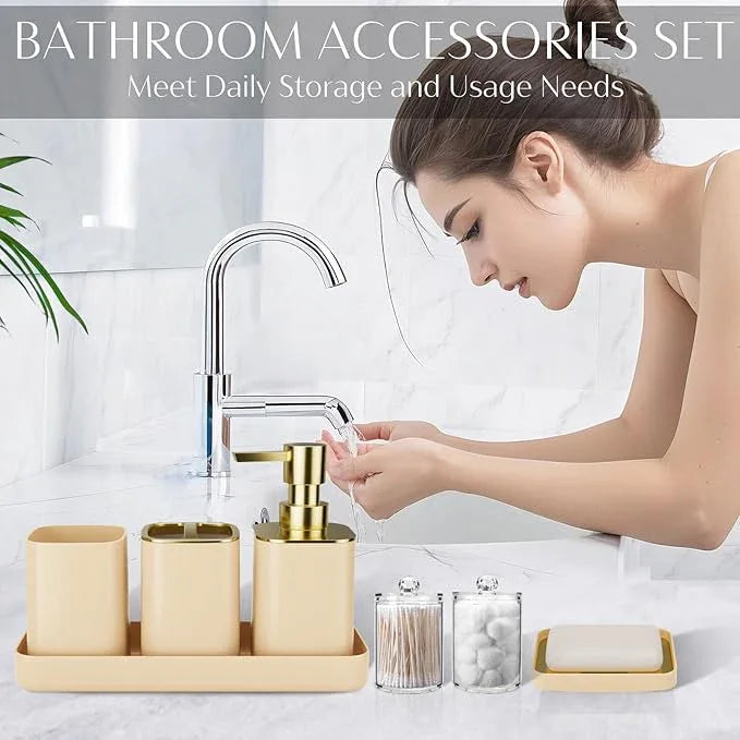 9PCS Bathroom Accessory Set, Beige Bathroom Set with Large-Capacity 4 Gallon Trash Can, Bathroom Accessories Set Complete, Toothbrush Holder, Soap Dispenser, Toilet Brush, Bathroom Decor - ModernBath