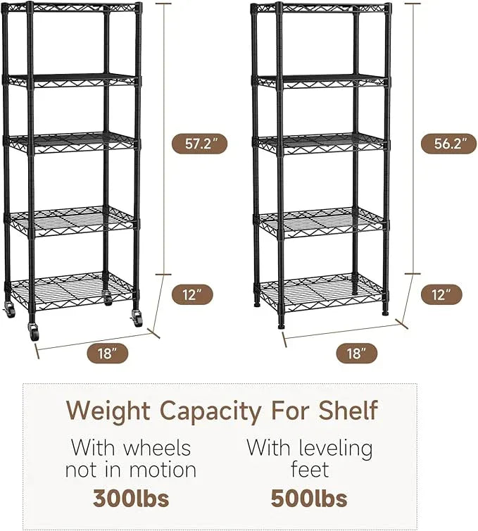 Small 5 Tier Shelves Storage Wire Shelving Unit Metal Shelf Adjustable Organizers Storage Shelving with Wheels for Bathroom Laundry Room Kitchen Pantry12”D x 18”W x 57.2”H Black - ModernBath