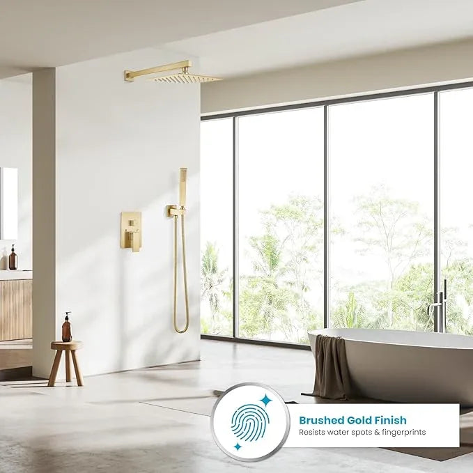 gotonovo Rainfall Bathroom Shower System Rain Shower Head and Handle Set Wall Mounted Shower Complete Combo Solid Brass Pressure Balancing Shower Mixer Valve 10 Inch Brushed Gold - ModernBath
