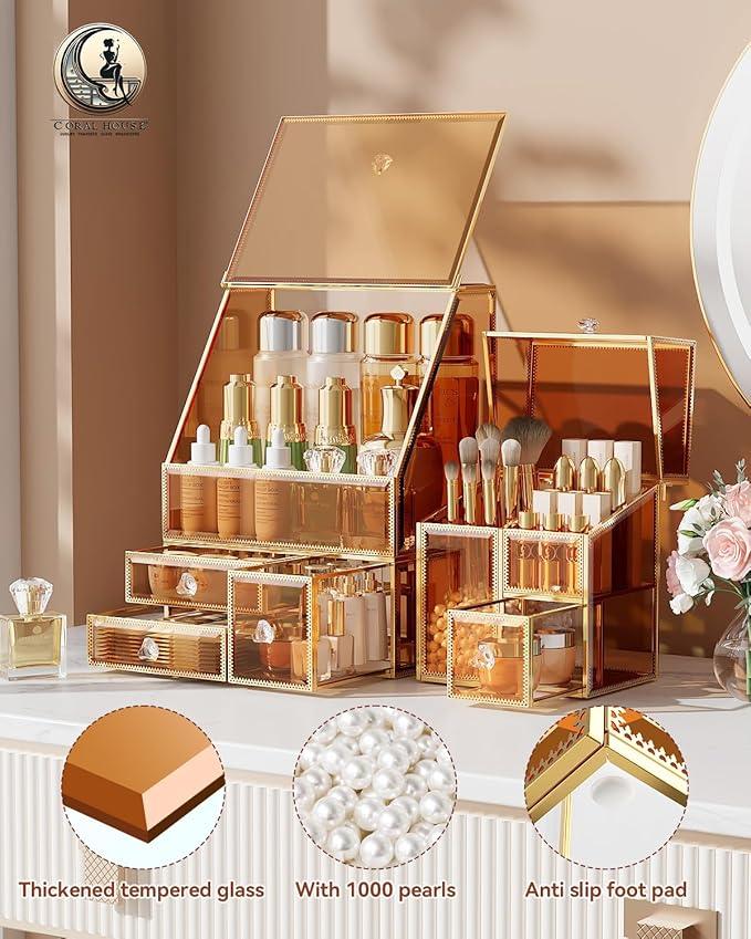 CoralHouse Makeup Organizer Amber,Glass Vanity Organizer for Skincare, Lipsticks, Perfume, Makeup Brushes – Countertop Cosmetic Storage Box for Women, Bathroom & Dresser - ModernBath