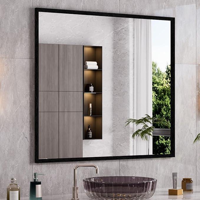 WEER Black Framed Mirror, 40X36 Inch Matte Black Wall Mirror for Bathroom, Rectangular Black Bathroom Vanity Mirror, Tempered Glass, Anti-Rust, Hangs Horizontal or Vertical - ModernBath