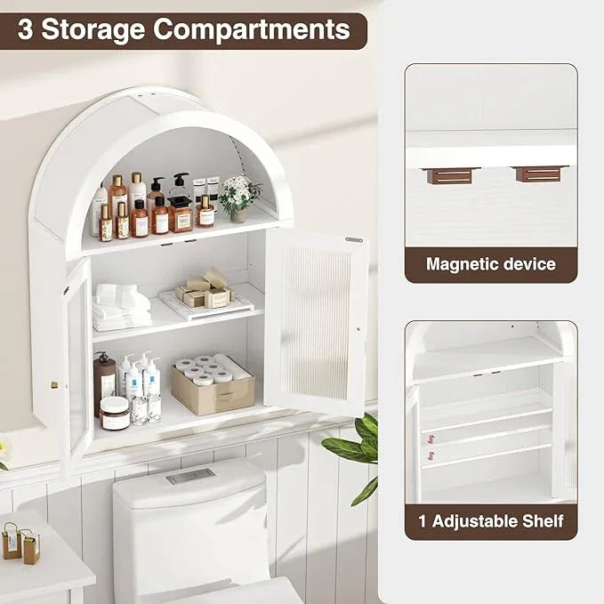 Arched Bathroom Cabinet, Wall Mounted Bathroom Cabinet with Tempered Glass Doors and Adjustable Shelf, for Kitchen, Living Room, Laundry Room, Restroom, White - ModernBath