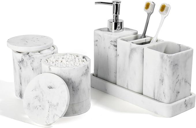YMXYJM Bathroom Accessories Set, 6 Piece Bathroom Set with Toothbrush Holders, Soap Dispenser, Vanity Tray, Tumbler, Cotton Swab Jars, Bathroom Organizer，Bathroom Sink Sets, Artificial Marble White - ModernBath