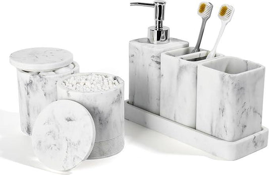 YMXYJM Bathroom Accessories Set, 6 Piece Bathroom Set with Toothbrush Holders, Soap Dispenser, Vanity Tray, Tumbler, Cotton Swab Jars, Bathroom Organizer，Bathroom Sink Sets, Artificial Marble White - ModernBath
