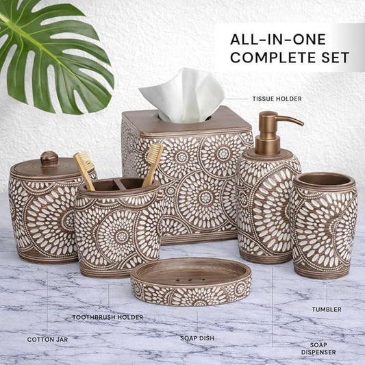 6-Piece Bathroom Accessories Set – Soap Dispenser, Toothbrush Holder, Tumbler, Soap Dish, Cotton Swab Jar & Toilet Brush – Modern Bathroom Decor Set (Ciccone) - ModernBath