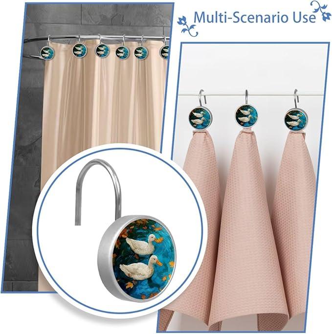 Swimming Duck Shower Curtain Hooks, 12Pcs Decorative Rust Resistant Shower Rings for Shower Curtain Rods, Stainless Steel Round Curtain Hooks for Bathroom, Bedroom - ModernBath