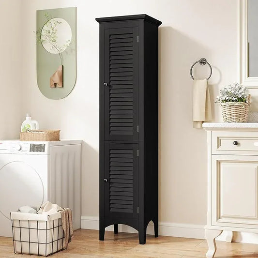 Tangkula 63" Tall Bathroom Storage Cabinet, Freestanding Narrow Linen Tower with Adjustable Shelf, Modern Slim Floor Cabinet with 2 Doors for Bathroom, Living Room, Kitchen (Black) - ModernBath