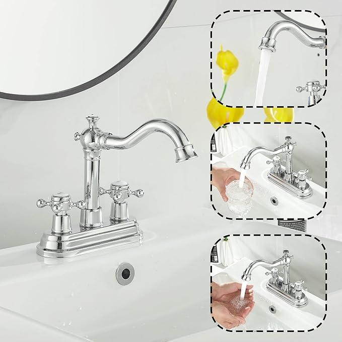 GGStudy Polished Chrome Bathroom Faucet 2 Handles 4 Inches Centerset Bathroom Vanity with Drain Assembly and Supply Hose Lavatory Faucet - ModernBath