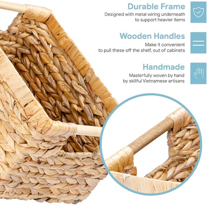 Natural Water Hyacinth storage basket with Handle, Rectangular Organizing Basket for Organizing, Decorative Wicker Storage Bins for Living Room, Medium Wicker Baskets - 3 Pack Medium - ModernBath