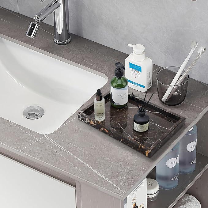 Zilukar Real Natural Marble Tray for Bathroom, Vanity, Kitchen and Desktop, Rectangle Genuine Marble Stone Tray for Jewelry, Cosmetics, Candles, Lotion, Perfume and Home Decor Brown - ModernBath