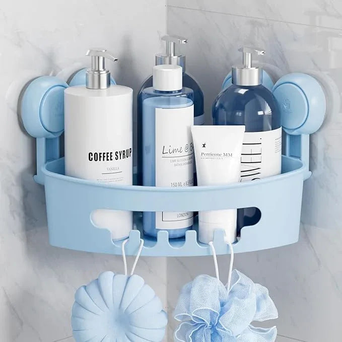 TAILI Corner Shower Caddy with Suction Cups, Wall Mounted Organizer Plastic Rack for Small Bathrooms, Kitchen, Removable Drill-Free Heavy Duty Shelf Basket, BLUE - ModernBath