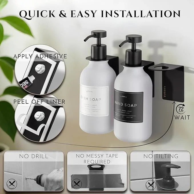 Shampoo & Conditioner Dispenser - Shower Soap Dispenser Wall Mounted - Set of 3 16.9 Oz Plastic Bottles with Pump & Holder - Shampoo Dispenser - Shower Dispenser Chamber No Drill (3 X White/Black) - ModernBath